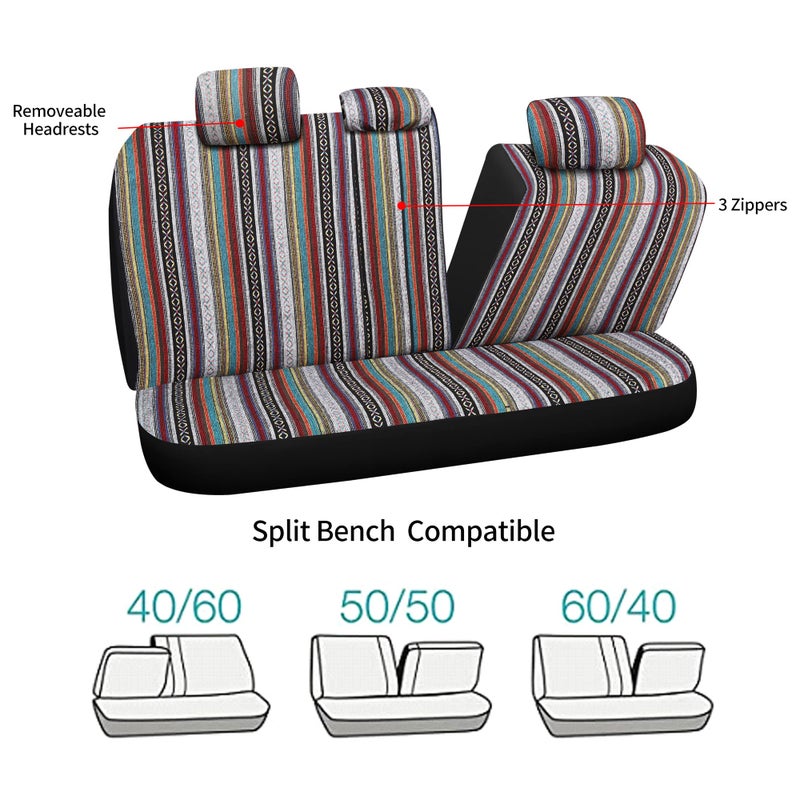 VarCozy Baja Saddle Blanket Seat Covers Full Set  Front Seat Covers and Split Rear Bench Seat Covers for Sedan  SUV  Truck  Universal Stripe Woven Automotive Seat Cover Breathable  Airbag Compatible - Image 4